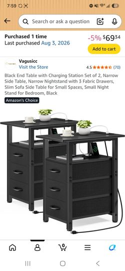 Vagusicc Black Nightstand with Charging Station Set of 2