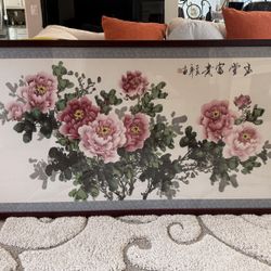 Oversized Framed Asian Peony Floral Wall Art – 68” x 32”