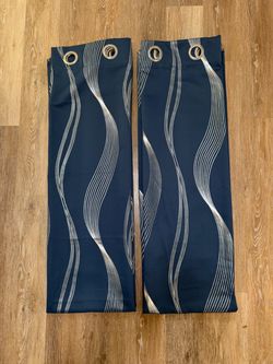 Navy Blue Curtain Panels 52x83 with Silver Wave Print