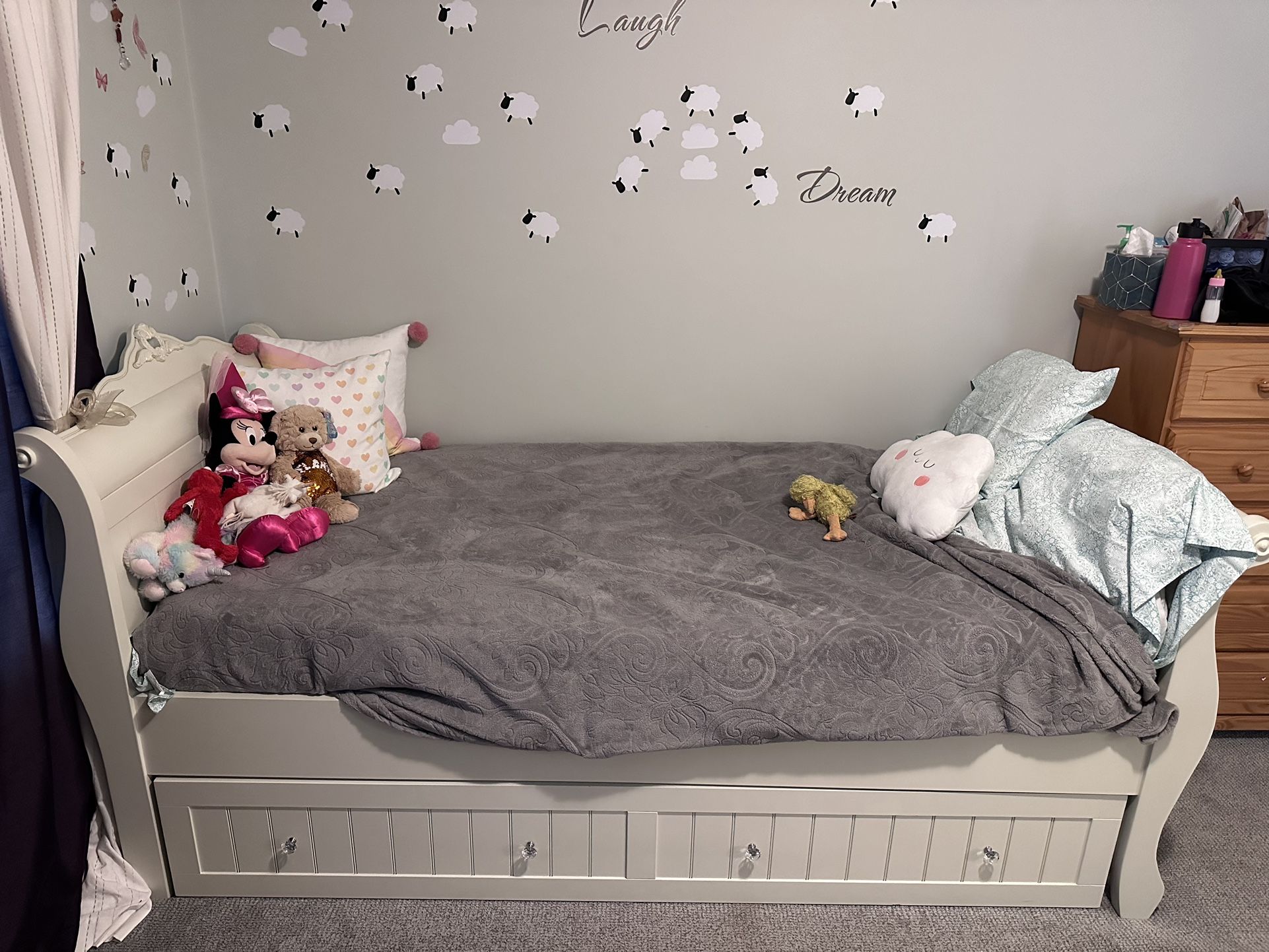 Twin Bed With Trundle, Nighstand And Curtains