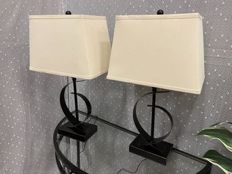 Contemporary Geometric Black Metal Table Lamps w/ Cream Shades (Set of 2)