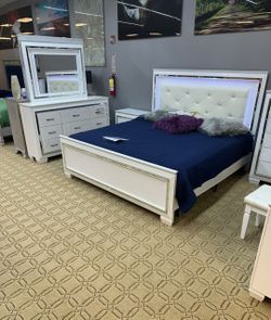 Allura White LED Upholstered Panel Bedroom Set( Bed Dresser Nightstand) 