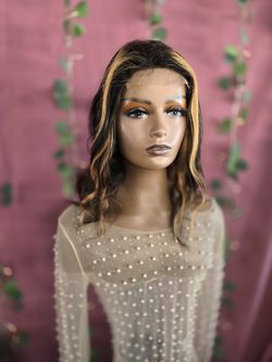 14" human hair wig  black with blonde chunky  highlights  4x4 lace front  natural  wave