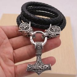 Nordic-Inspired Viking Pattern Twin Wolf Uniquely Crafted Faux Leather Necklace 