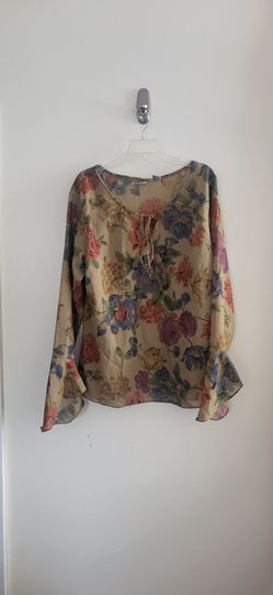 Moments Women's Tan Multi Floral Tie neck Bell Sleeves Blouse Size 2X /Pre-owned