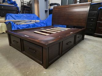 Modern Brown Rustic Full Size Platform Bed Frame with 6 Drawers