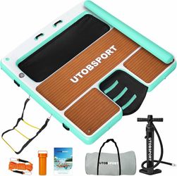 UTOBSPORT Inflatable Floating Dock with Dog Ramp, 8/10FT Non-Slip Wood Grain Floating Platform with Backrest, Stable Water Platform for Pool, Lake, an