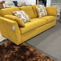 Sleeper Sofa In Yellow Fabric, QUEEN