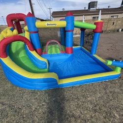 6-in-1 Inflatable Bounce House, Outdoor Play Castle with Slide Trampoline Water Gun Throwing Wall, Fun Activity Center for Backyard Garden Party Playi