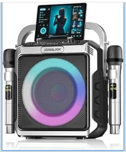 Portable Karaoke Machine, with 2 Wireless Microphones & LED Lights Bluetooth Party Speaker with Loud Subwoofer, USB/AUX, Outdoor Karaoke Speaker for A