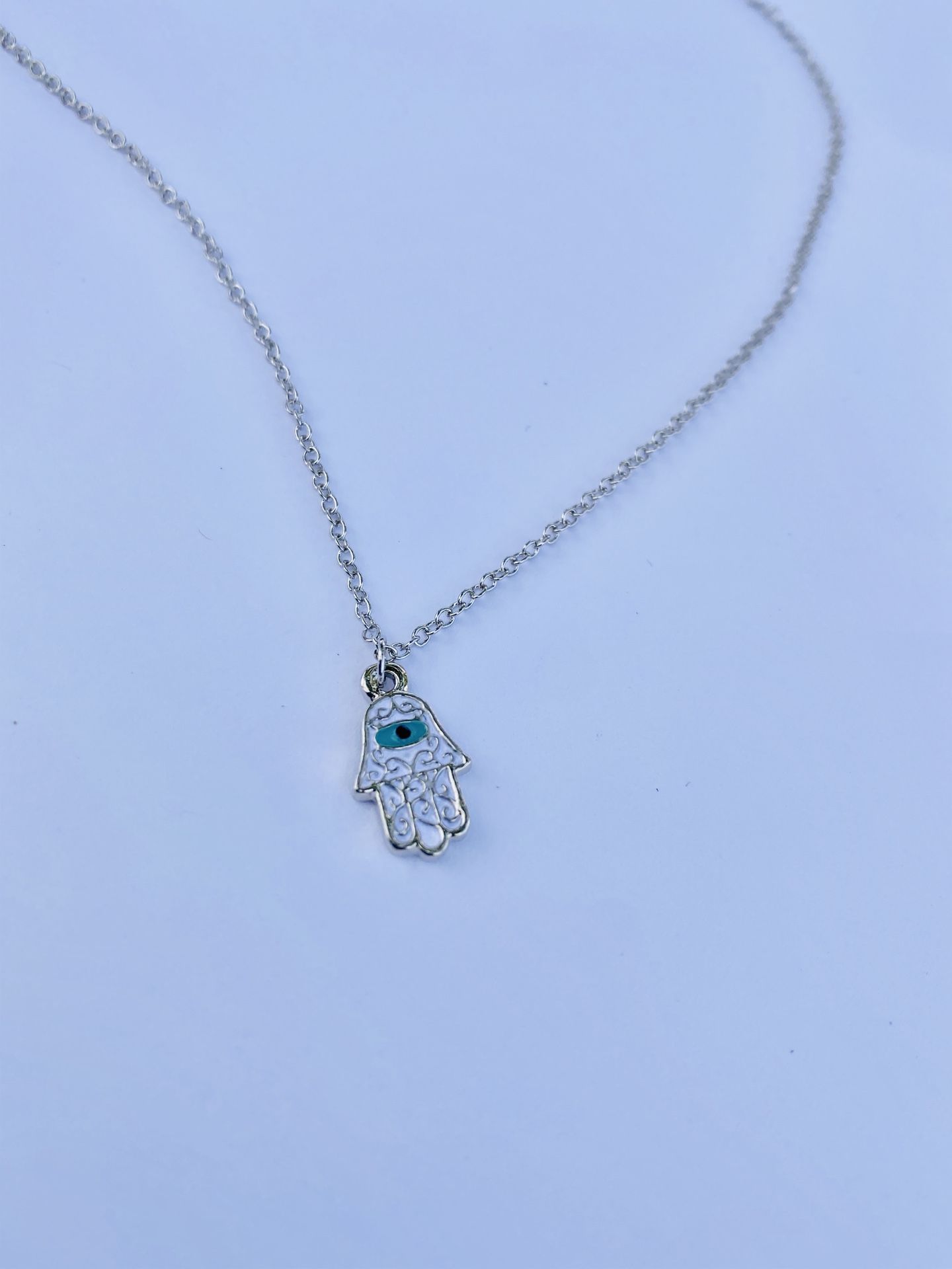 White Hamsa evil eye silver necklace- $12 today only