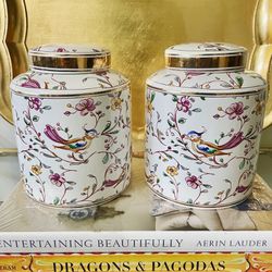 6” H x 5 1/2” W Floral and Birds Lidded Jars (Pair)