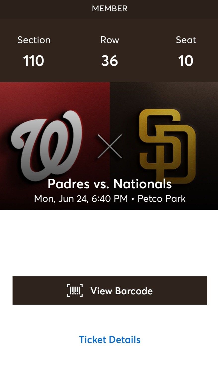 PADRES v Nationals Mon June 24th with PARKING