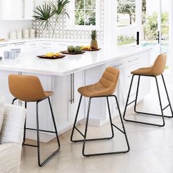 Upholstered Checkered Pattern Bar Stools Set of 3. L Whiskey Brown 