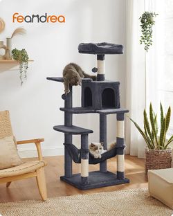 Feandrea Cat Tree, 56.3-Inch Cat Tower for Indoor Cats, Multi-Level Cat Condo with Scratching Posts, Perches, Hammock and Cave, Smoky Gray UPCT161G01