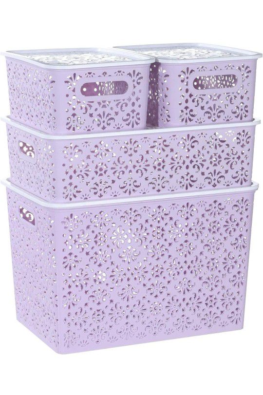 ANMINY Plastic Storage Baskets Set with Handles Removable Lids Stackable Lidded Bins Boxes Home Kitchen Cubes Closet Shelf Organizer Containers Weave 
