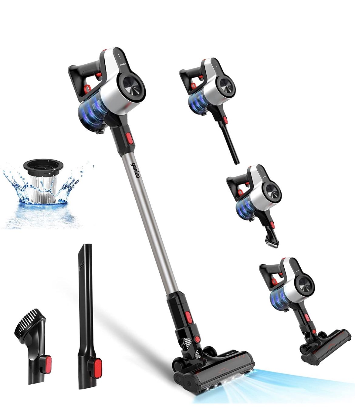 Ganiza Cordless Vacuum Cleaner, V20 Stick Vacuum 18Kpa 45 Mins Runtime Ultra-Quiet, 6-in-1 Lightweight Cordless Vacuum with LED Headlights, HEPA Filte