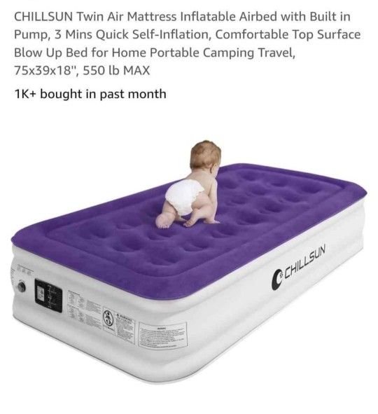 Double inflatable mattress with built-in pump, fast automatic inflation in 3 minutes, 550 lbs MAX