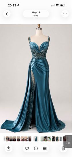 Teal Beaded Satin Mermaid Formal Gown size 2