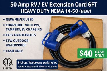 50 Amp RV / EV Extension Cord – Heavy Duty #6 Wire NEMA 14-50 – New – $40