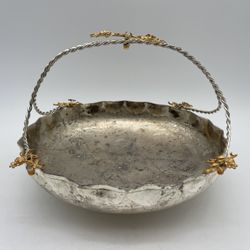 Vintage Silver-plated Bride's Basket Decor w/Gold Gilt Florals, Marked 