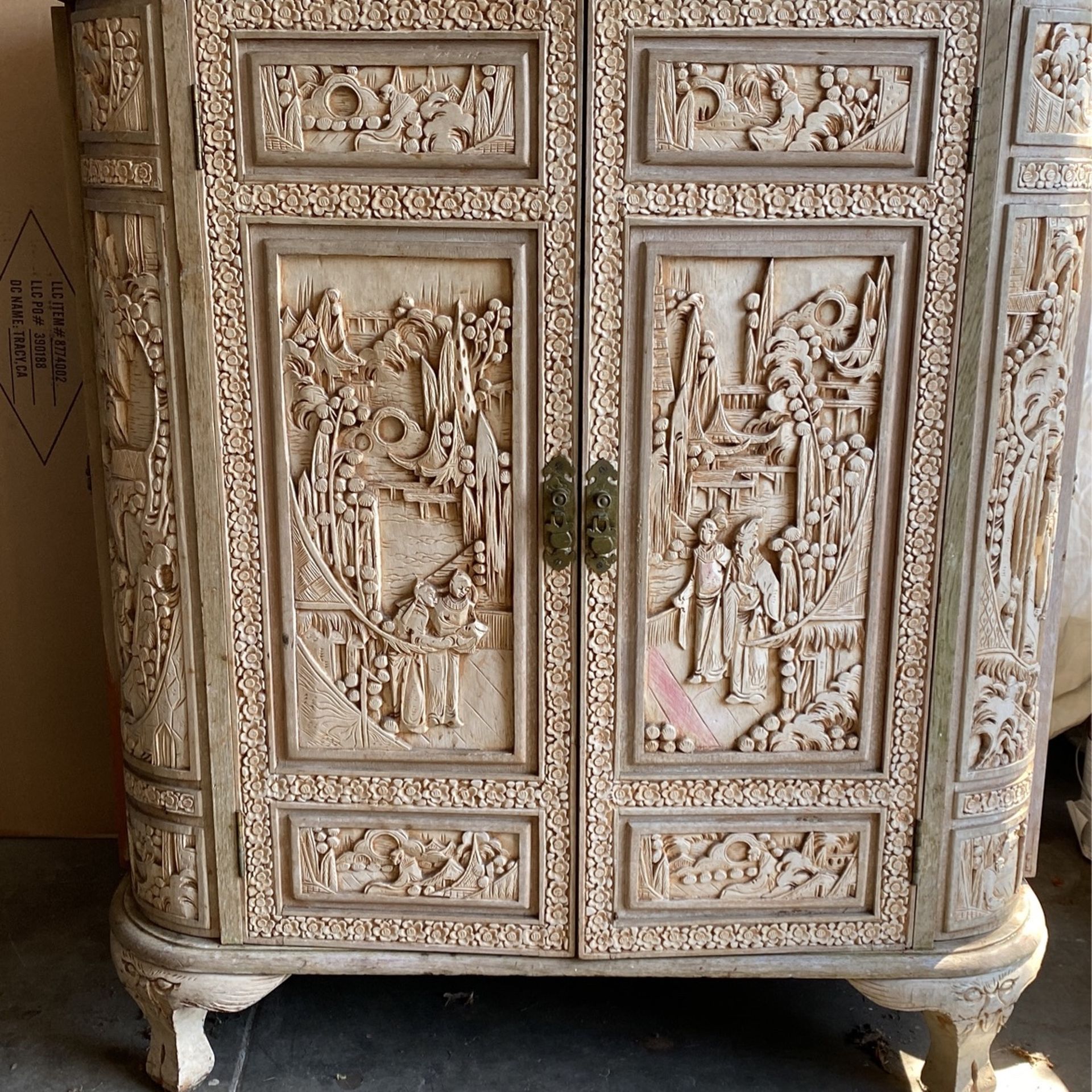 Antique Asian Hand Carved Wood Bar Liquor Cabinet.