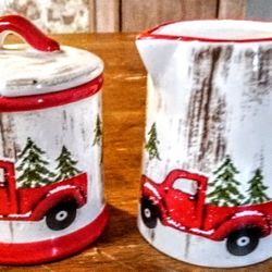 Red Truck Sugar Bowl And Creamer Pitcher 