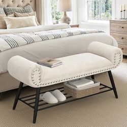 45.3" End of Bed Bench, Modern Bedroom Chenille Upholstered Shoe Benches, Ottoman with Stable Metal Frame and Solid Shelf for Bedroom, entryway, Livin