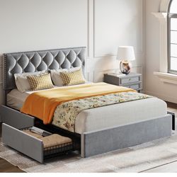 Queen Bed Frame with 4 Storage Drawers