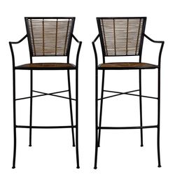 Two Crate & Barrel Counter Height Bamboo And Iron Barstools