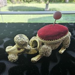 $25.00 - MidCentury Florenza Poodle Design Sewing Pin Cushion With Bobble-Head Movement - Ruby Eyes -  Rare Find!