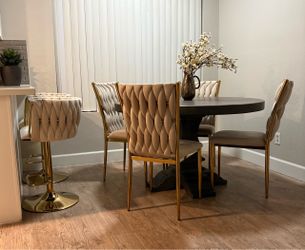 4 Beige Velvet Dining Chairs & 2 Stools with Gold Legs
