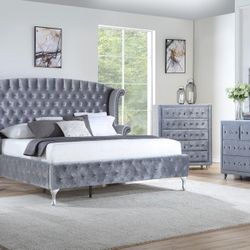 GRAY VELVET BEDROOM SET ! BED FRAME , N.STAND , DRESSER , MIRROR AND CHEST ! QUEEN $2499, KING $2699. MINAS HOME FURNITURE ! NEW