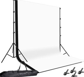 Photo Background Support System with 8.5 x 10ft Backdrop Stand Kit, 100% Cotton Muslin Backdrop (White Black),Clamp, Carry Bag for Photography Video S
