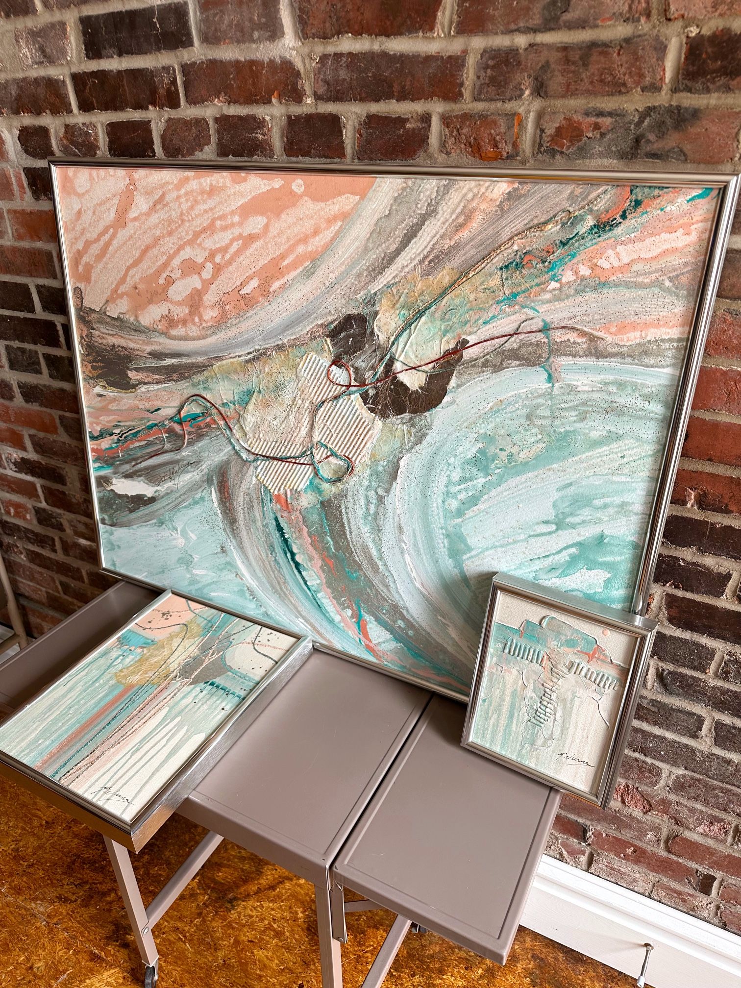 Vintage Patrick McNurney Original Mixed Media Abstract Artwork Set of 3 MCM Retro