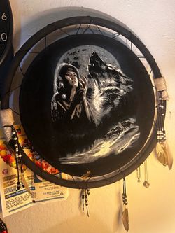 vintage Native American-themed hand-painted black velvet shield dreamcatcher