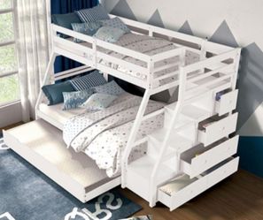 Brand New White Twin Over Full Bunk Bed w Trundle Bed + Staircase