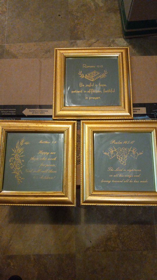 Three-piece Vintage Chapter Of The Bible Wall Mirror Set Brass Frame Matthew Psalms And Romans