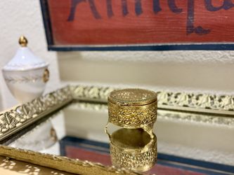 Adorable Small Vintage Ormolu Filigree Round Jewelry Casket Pierced Trinket Box with Gold Lining/Glass Footed Casket Floral Jewelry Box  R