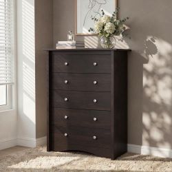 New Brown 5 Drawer Tall Dresser, Vertical Wood Chest of Drawers with Smooth Slide Drawers & Anti-Tip Kit, Bedroom Clothing Storage Organizer New in b
