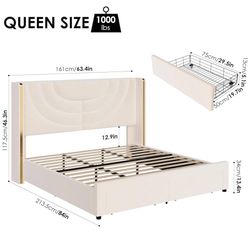 Queen Bed With Storage Drawers And LED Lights 