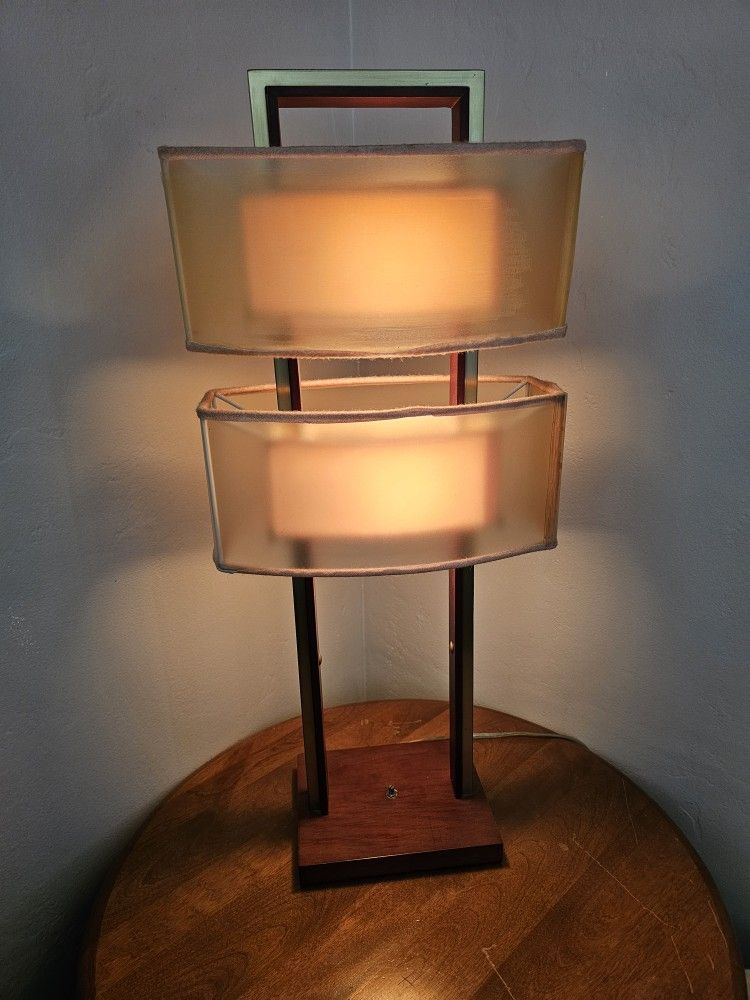 MCM 2 Teir Brass And Wood Dimmable Lamp