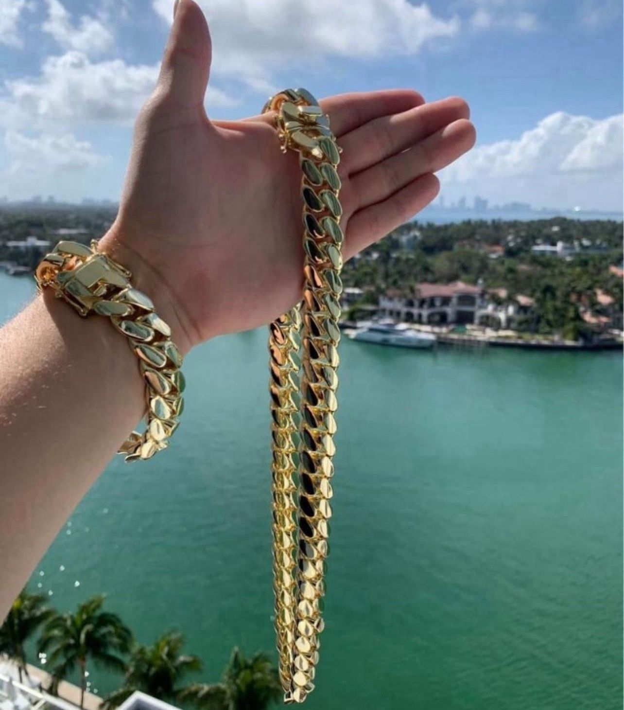 Set Chain & Bracelet 20mm Miami Cuban Link Yellow Gold Plated Chain Necklace 18k & 14k Crab Old School Regular Lock