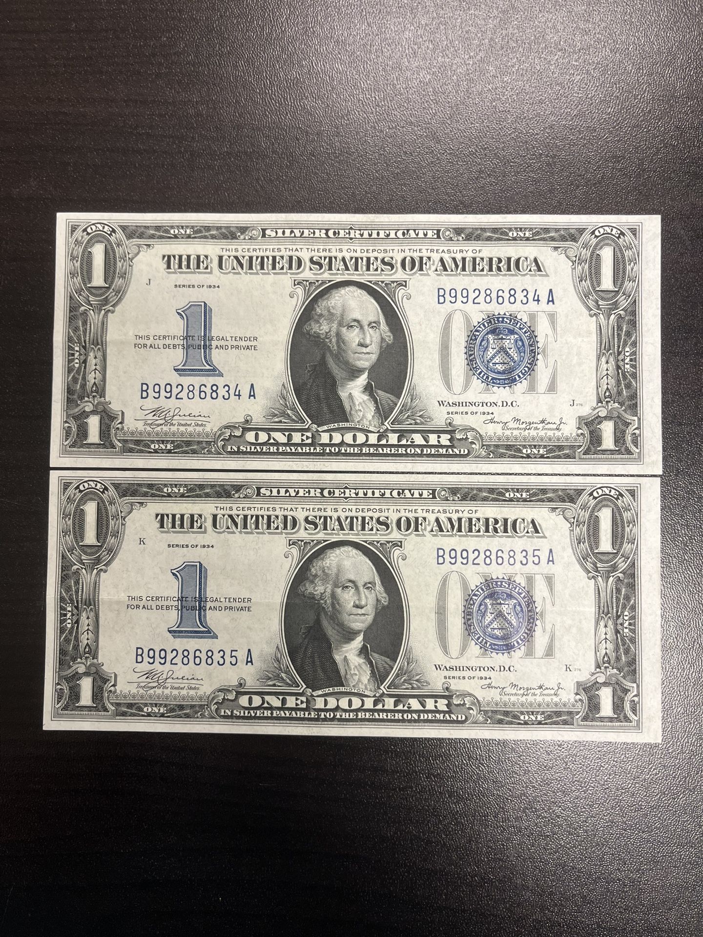 1934 $1 Silver Certificates Consecutive Both Notes