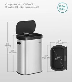 SONGMICS 13 Gallon (50 L) Motion Sensor Trash Can w/ Soft-Close Lid - Silver