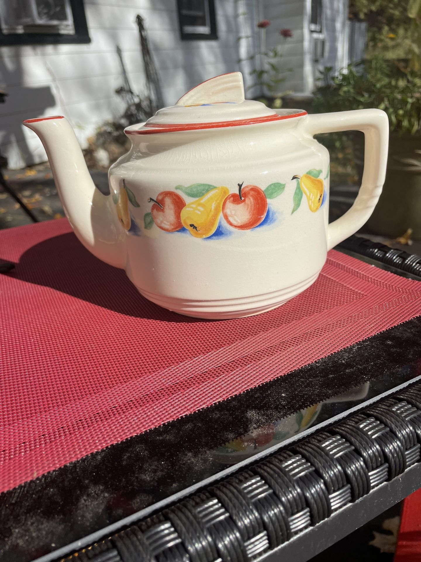 Apple & Pear vintage Harker Hotoven teapot, fruit pattern pottery