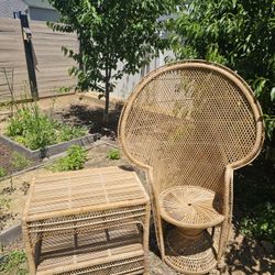 1970s Style Rattan Peacock Chair + Side Table
