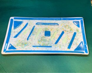 Beautiful fused glass rectangular platter/tray with geometrical design