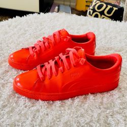 Men's sz 8.5 Puma Basket Classic Patent Emboss Red Blast Orange Shoes.