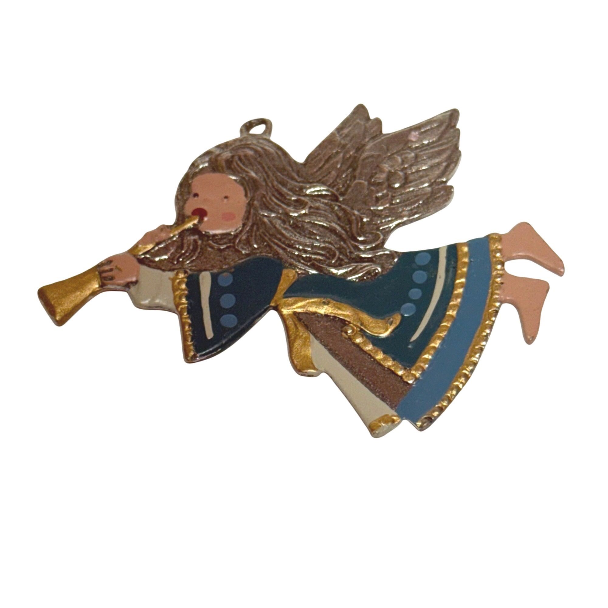 Pewter Angel Playing Horn Vintage Christmas Ornament Double-Sided